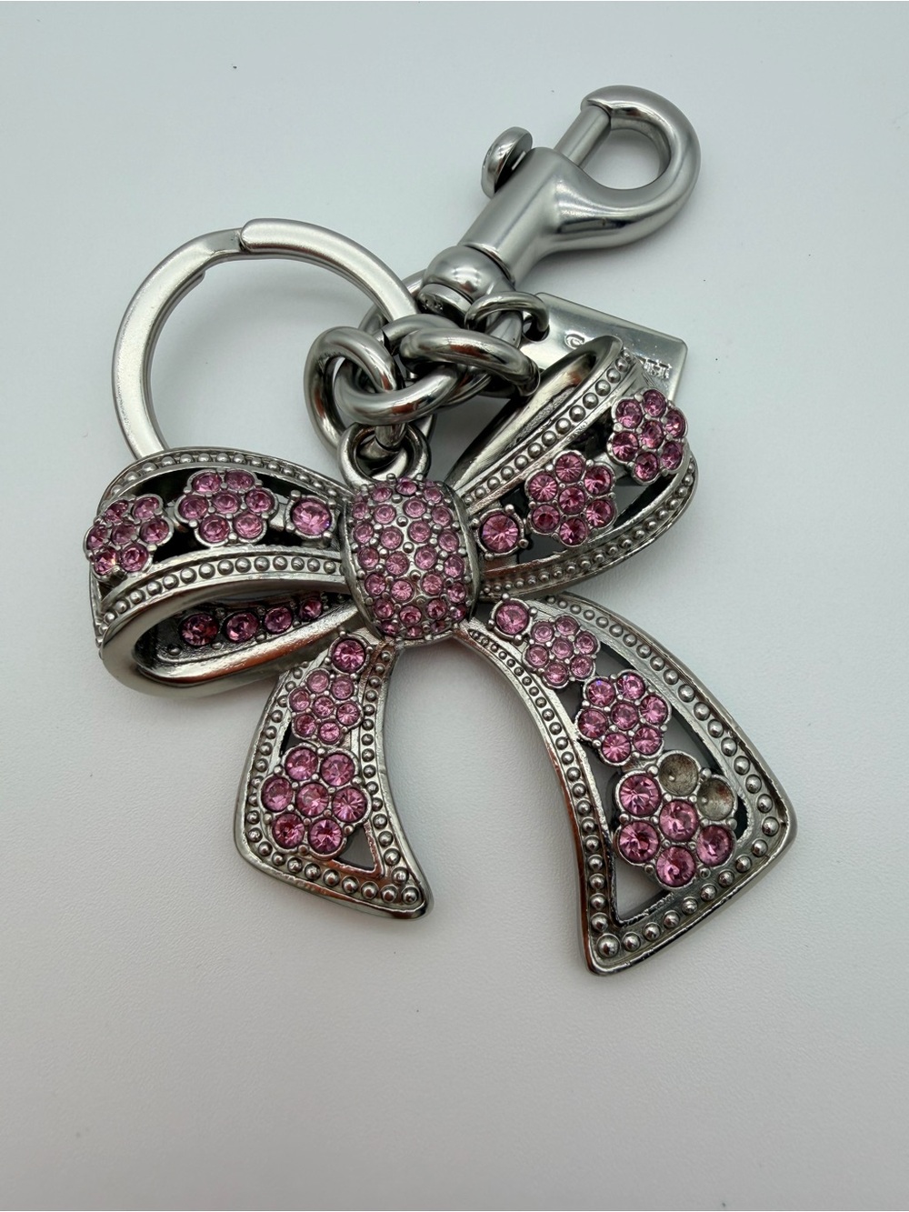 Coach Charm Pink Crystal Bow Keychain Charm - Silver Hardware CAX72